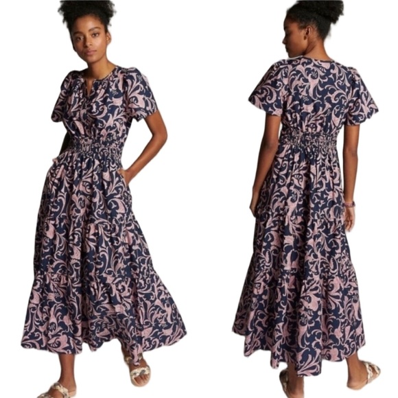 Anthropologie Somerset Maxi Dress in Navy XS Cotton Smocked Tiered Skirt Pockets - Picture 1 of 16